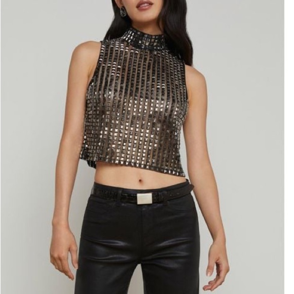 NWT LโAgence Yun Crystal Tank Top Smoke Grey Crystal Cropped Sheer Sexy Sz M